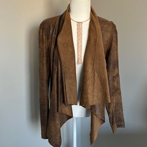 Dex Brown Faux Leather and Suede moto drape neck jacket